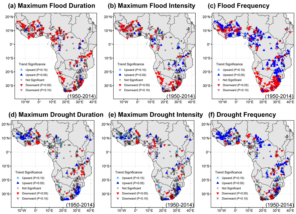Trends in annual maximum flood and drought duration, intensity, and frequency over the period 1950-2014 across sub-Saharan Africa