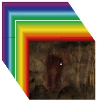 Structure d’une image hyperspectrale (d’après Ravel, 2017). Grâce à des analyses hyperspectrales, les matériaux peuvent être différentiés en raison de leurs spectres respectifs, chaque roche, minéral ou matériau présente un spectre qui lui est propre.